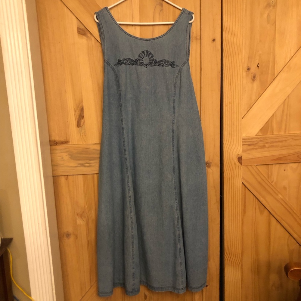 Delta Burke Light Blue Denim Maxi Dress with Embroidered Yoke Womens 22 W